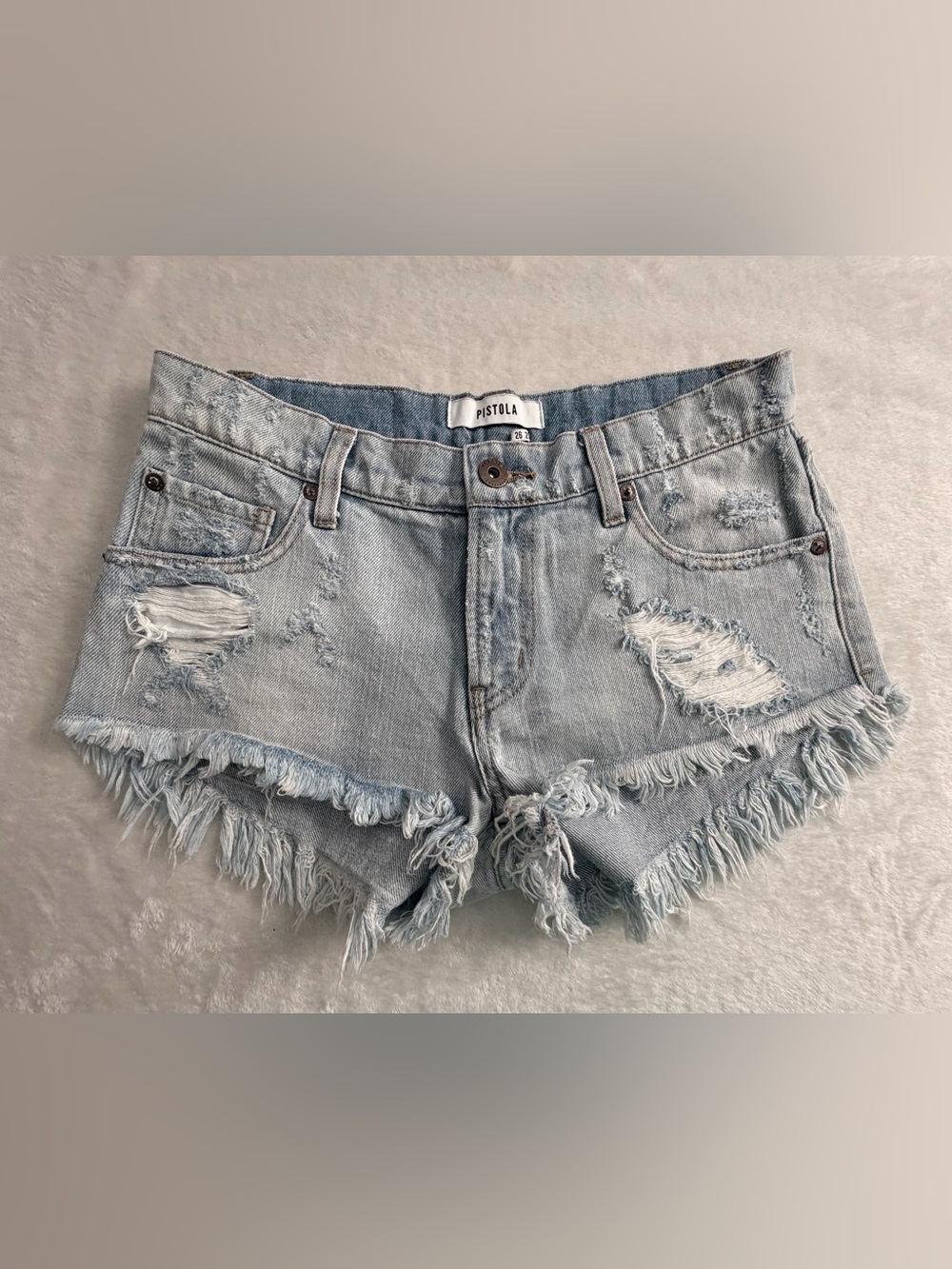 Pistola Light Blue Distressed Cotton Denim Jean Shorts